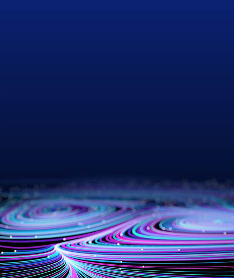 Abstract, glowing spiral lines of bright purple, green and blue with specks of white in circular swirls.