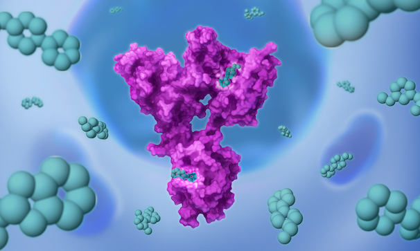 Teal affinity probe molecules bound in pockets on purple target protein, all inside a blue cell.